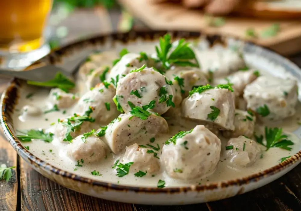 Kiełbasa biała pieczona: Domowy sposób na chrzanowy sos. Pychotka!
